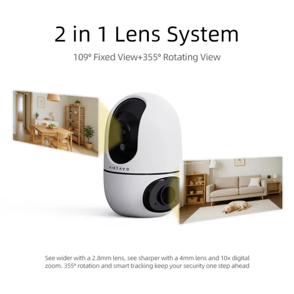 VIRTAVO EggSentry Dual Lens Security Camera | 360° View Indoor Cam, Pet Camera & Baby Monitor with AI Motion Tracking - Image 3